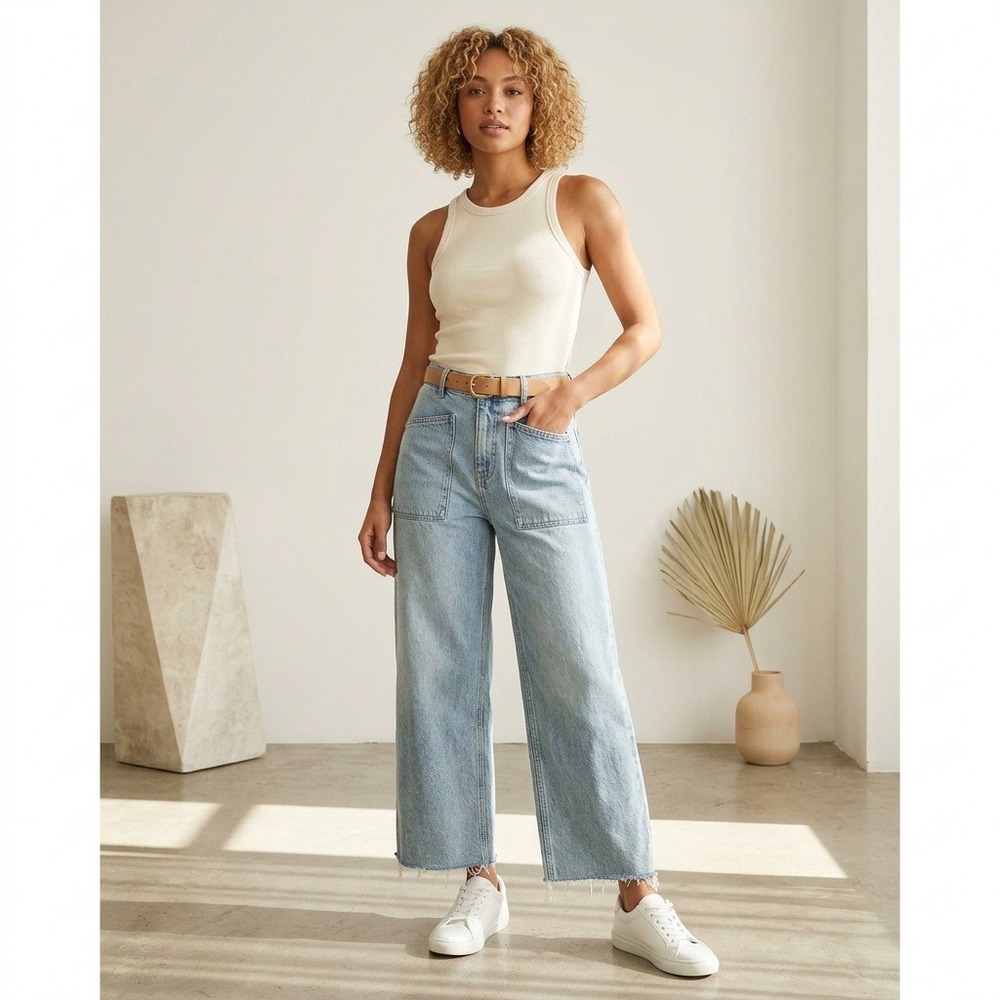 Lucky Brand High Rise Wide Leg Crop Jeans Light Wash Patch Pocket 10/30 RN80318